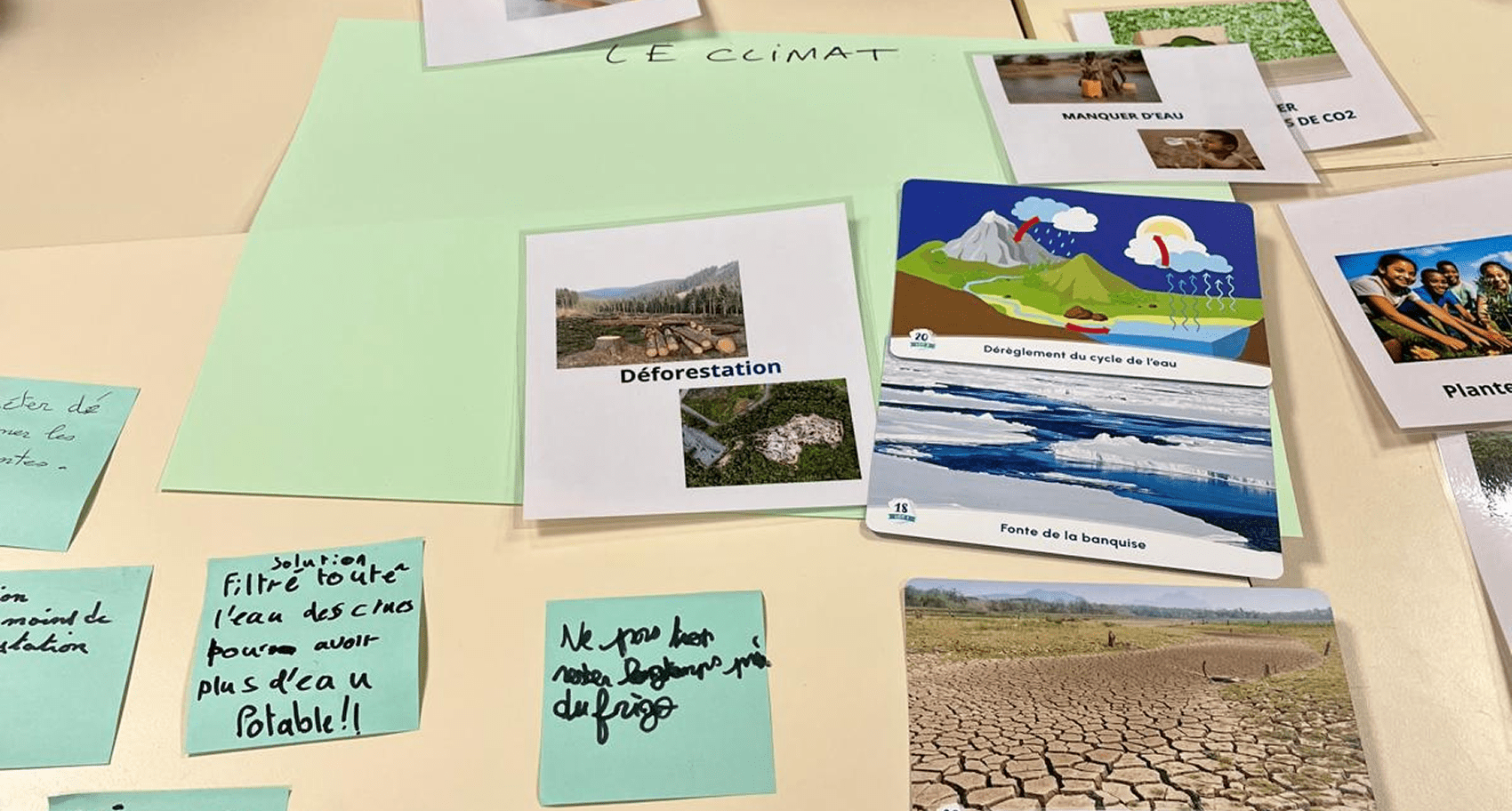 Photos et post-it sur la déforestation et le dérèglement climatique posés sur une table