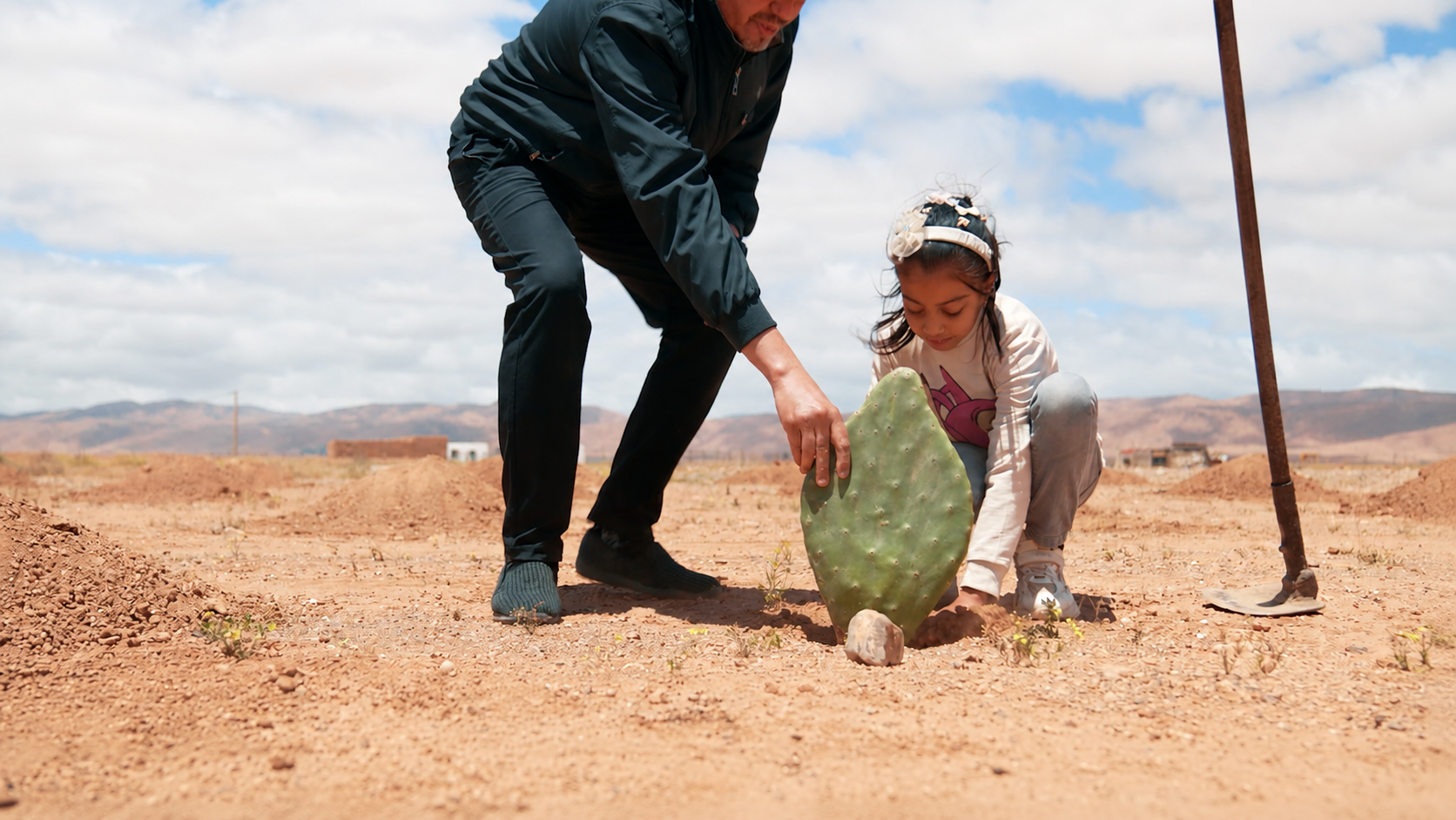 Petite fille plantant un figuier de Barbarie au Maroc