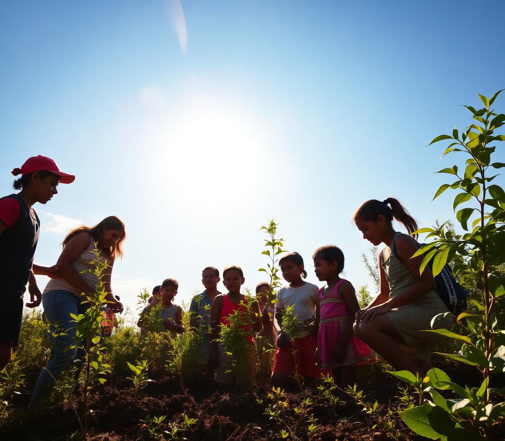 Bénévoles et enfants sur un projet de reforestation
